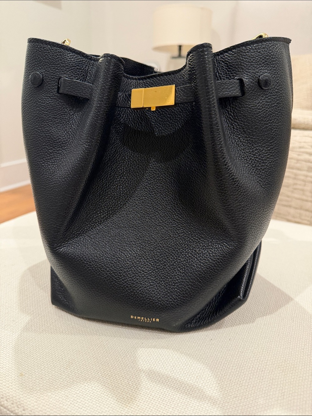 DeMellier Black Pebbled Leather Bucket Shoulder Bag with Gold Hardware
